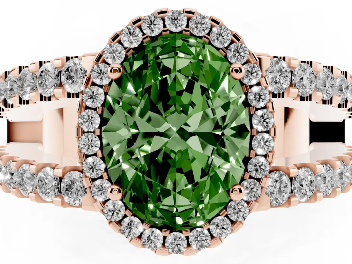 Fancy Green Oval Cut Cut Halo Split Shank Diamond Ring with Four-Prong Setting Rose gold