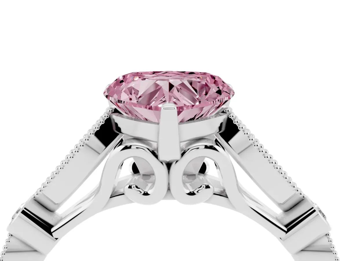 Fancy Pink Heart Cut Cut Diamond with Milgrain Marquise and Bezel Accents on a Solitaire Band with Prong Setting Platinum