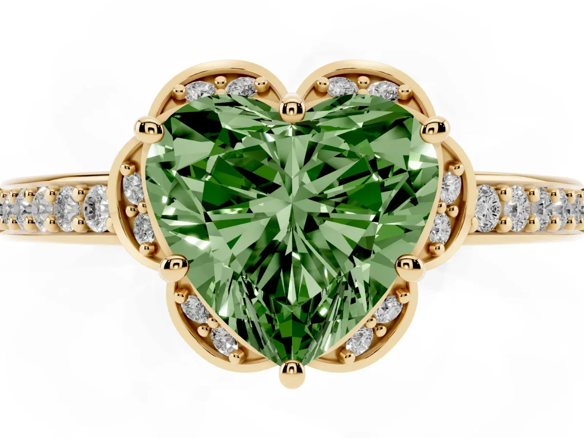 Fancy Green Heart Cut Cut Halo Diamond Ring with Channel Set Band and Four-Prong Setting Yellow gold