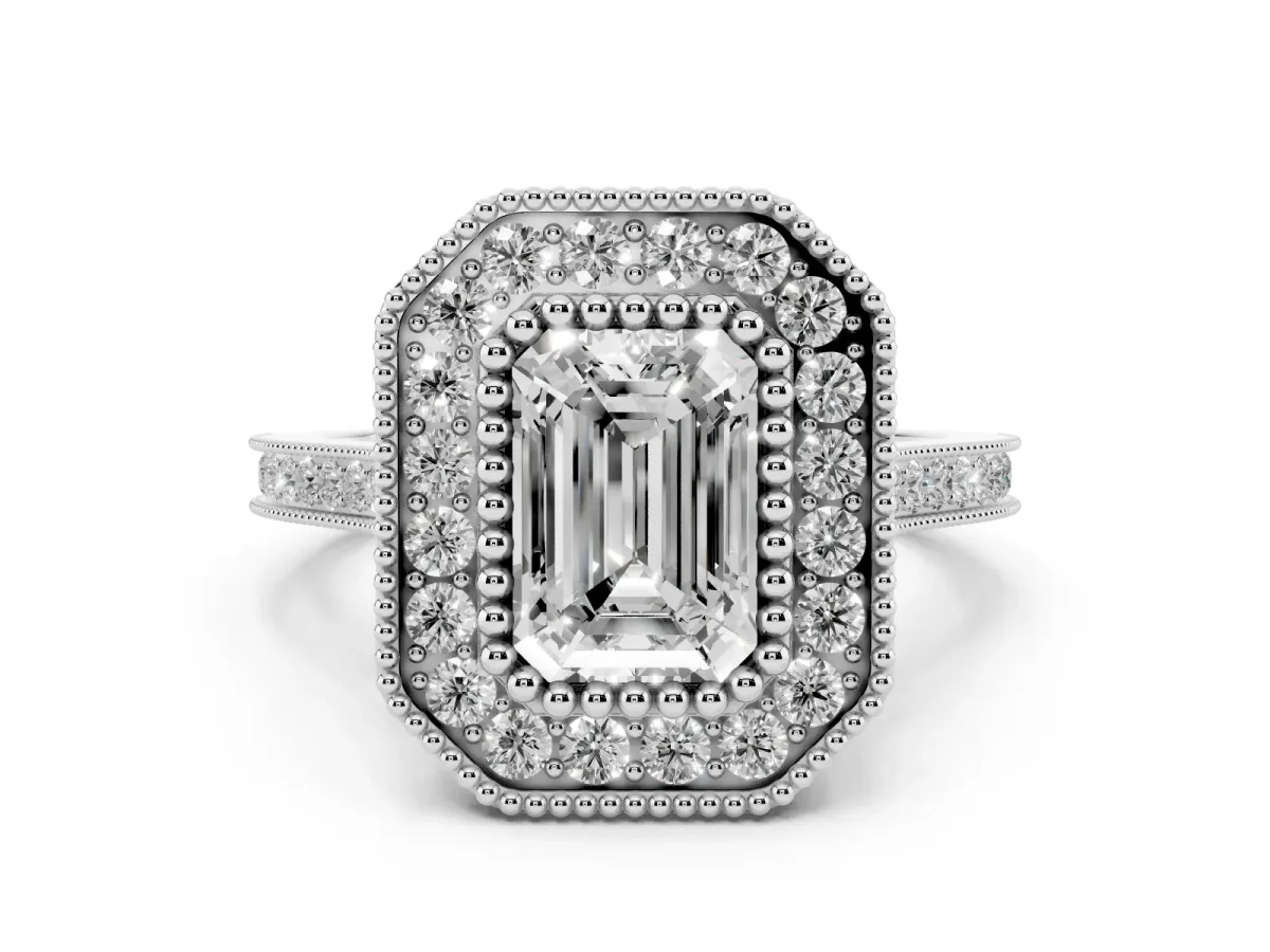 Emerald Cut Diamond Halo Ring with Milgrain Frame and Pavé Band Silver