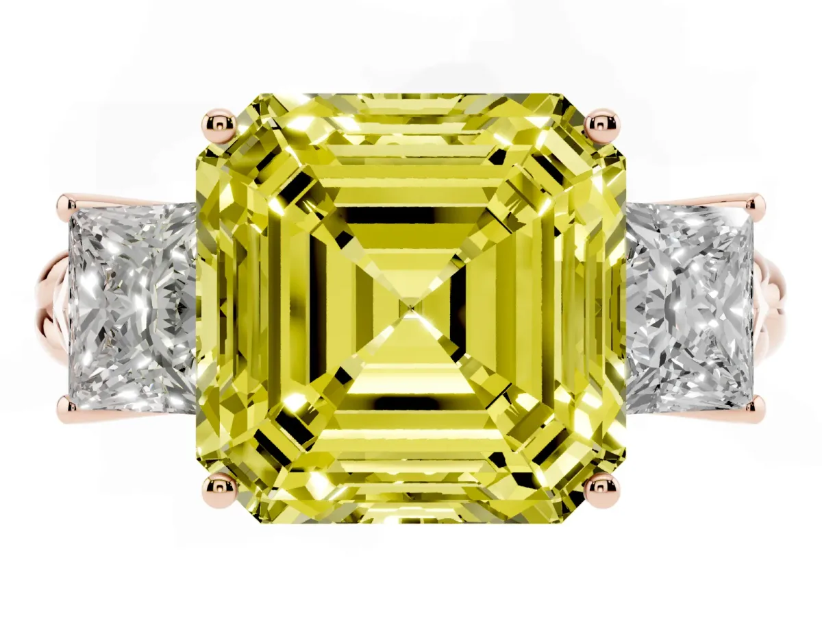 Fancy Yellow Three-Stone Asscher Cut Diamond Braided Band Ring with Four-Prong Setting Rose gold