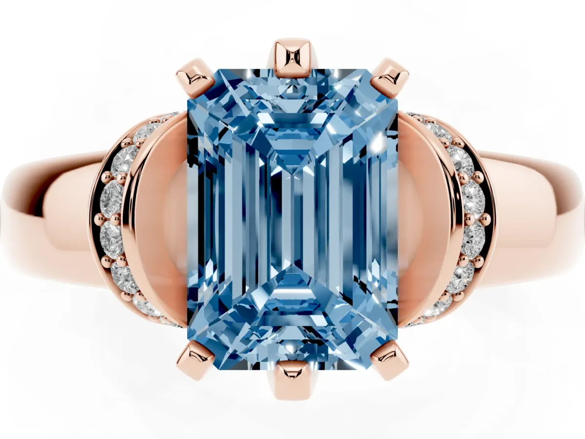 Fancy Blue Emerald Cut Solitaire Diamond Ring with Pave Band and Six-Prong Setting Rose gold