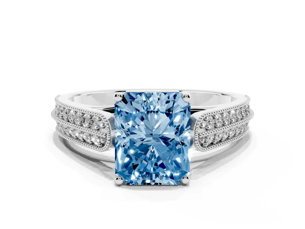 Fancy Blue Radiant Cut Cut Pave Split Shank Engagement Ring with Four-Prong Setting White gold