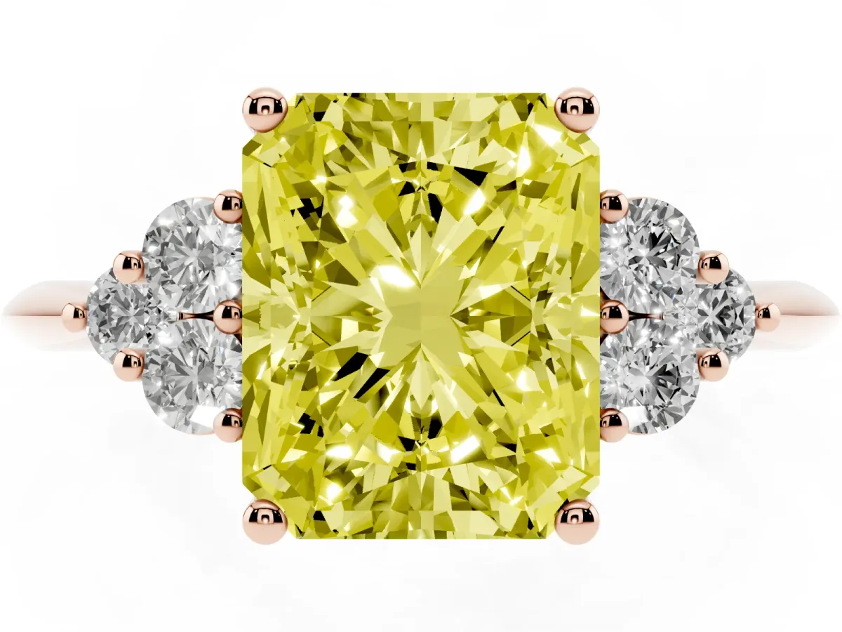Fancy Yellow Radiant Cut Cut Diamond Cluster Ring with Solitaire Band and Four-Prong Setting Rose gold
