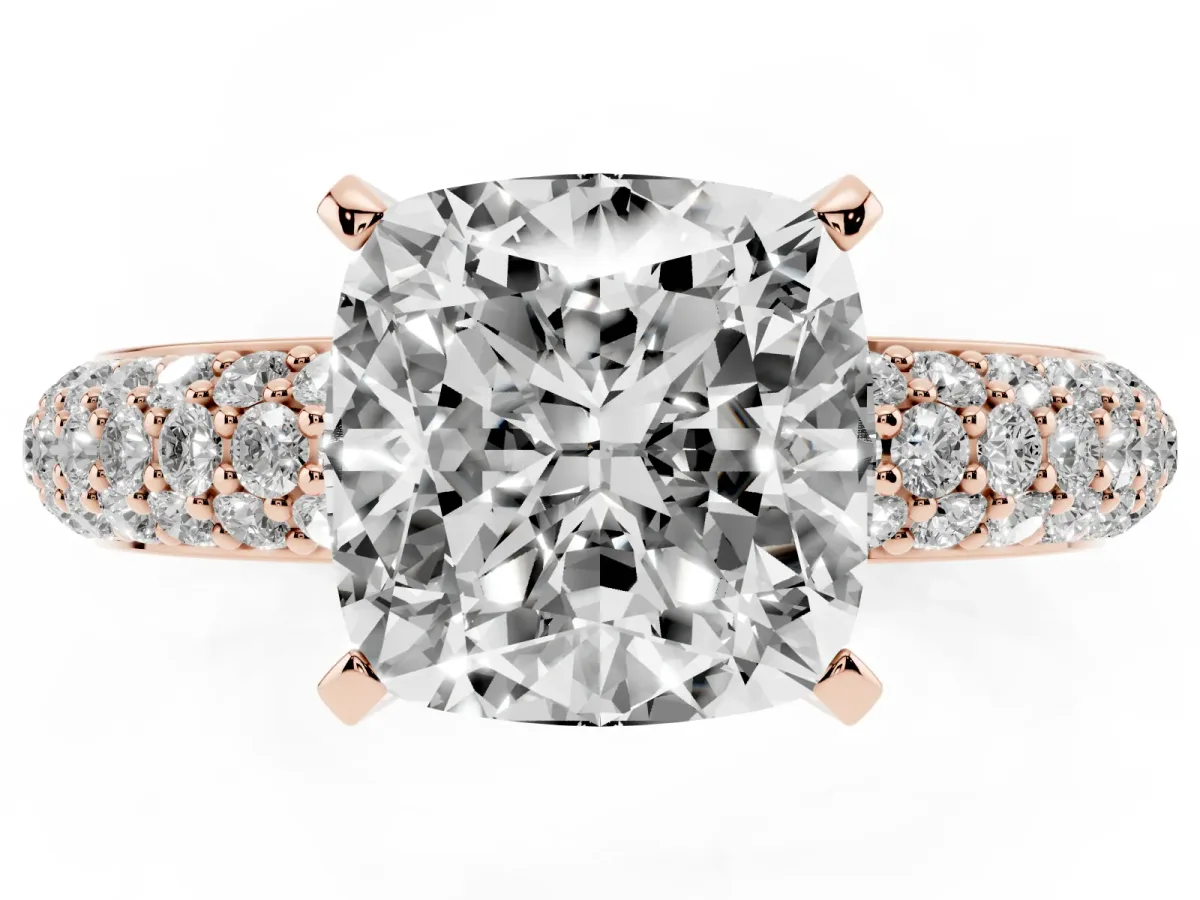 Cushion Cut Diamond Solitaire Ring with Prong Setting and Pavé Band Rose gold