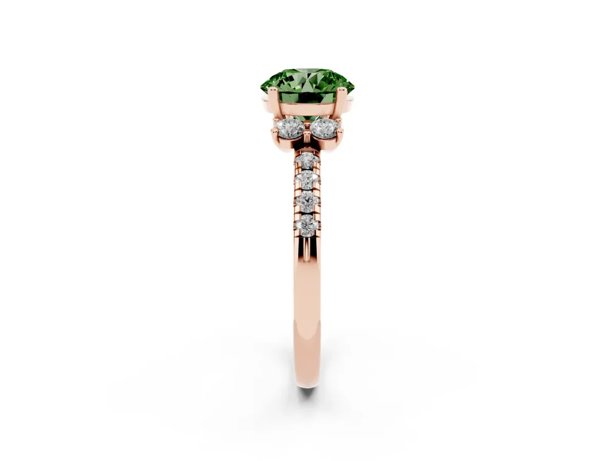 Fancy Green Round Cut Diamond Three-Stone Pave Band with Four-Prong Setting Rose gold