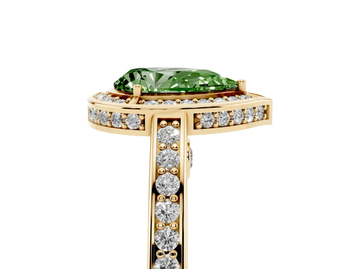 Fancy Green Pear Cut Cut Halo Pave Split Shank Prong Setting Ring Yellow gold