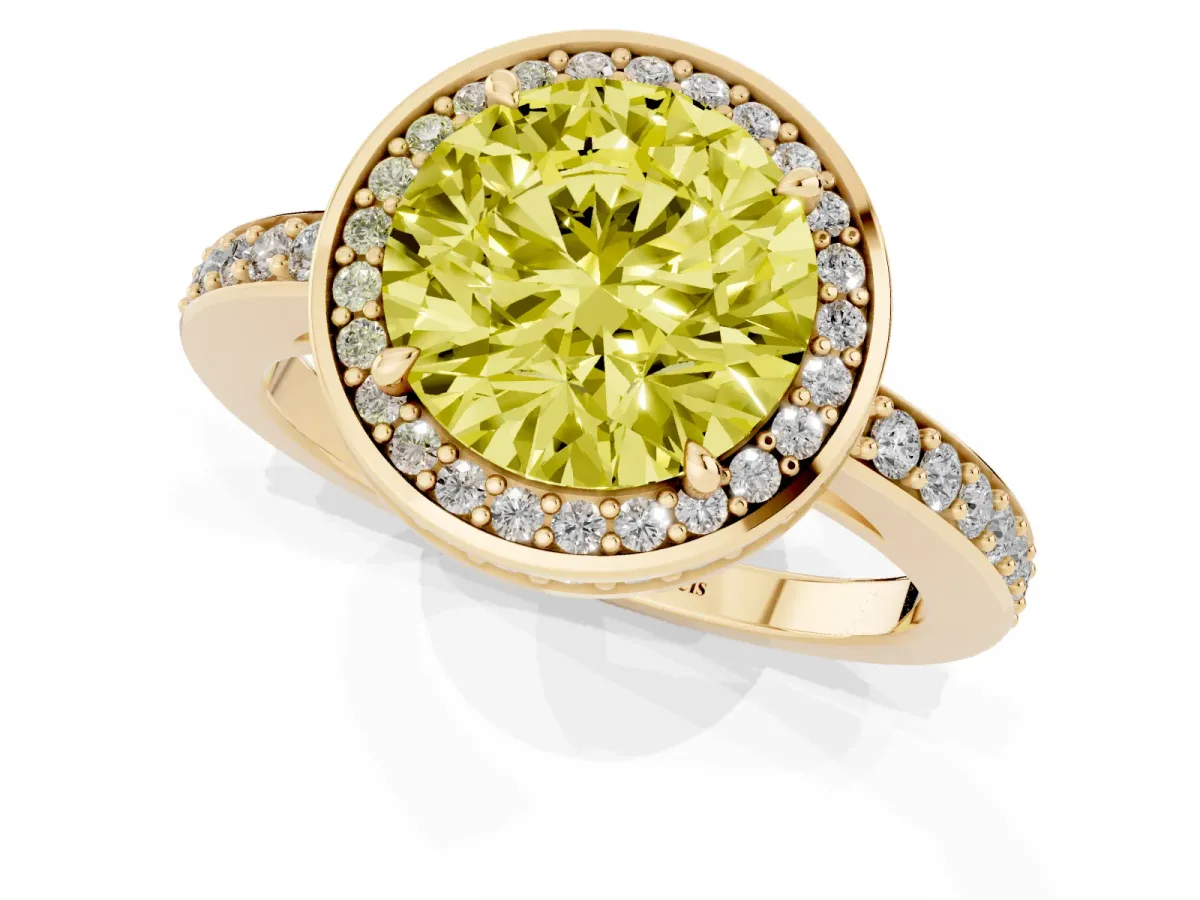 Fancy Yellow Round Cut Halo Pave Band Solitaire Ring with Prong Setting Yellow gold