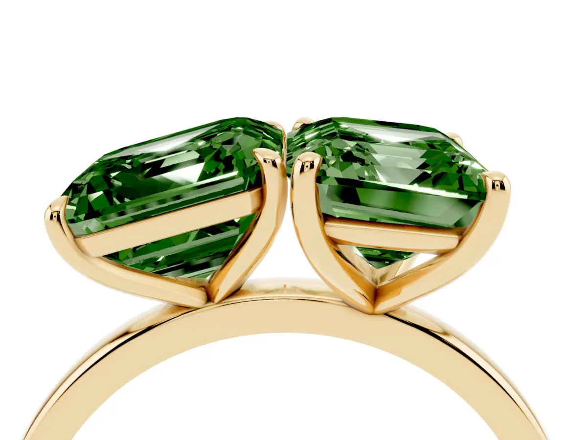 Fancy Green Asscher Cut and Emerald Cut Toi Moi Ring with Prong Setting Yellow gold