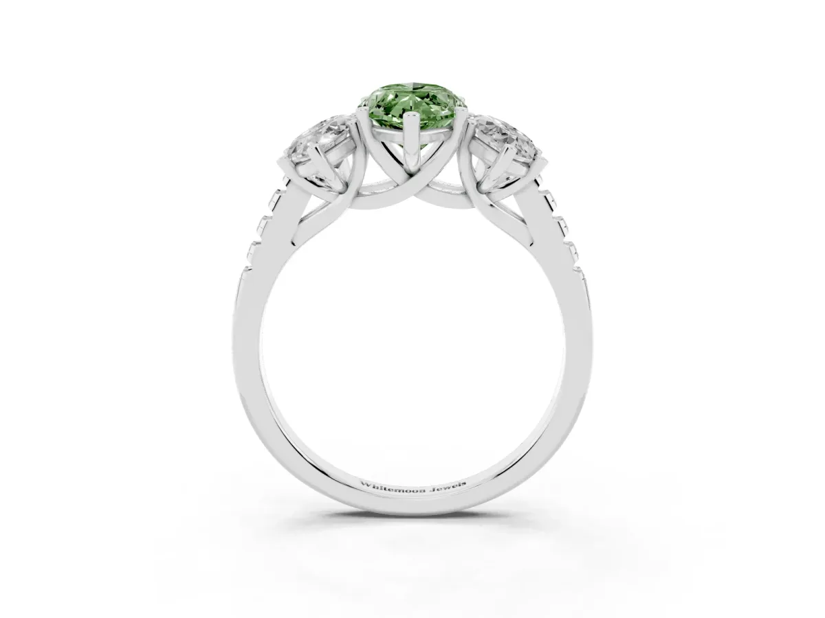 Fancy Green Three-Stone Marquise Cut Diamond Ring with Round Pavé Band and Prong Setting Silver