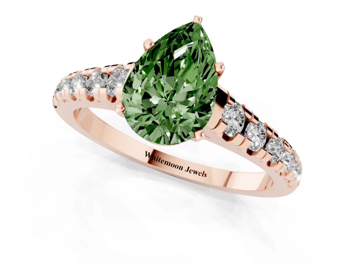 Fancy Green Pear Cut Diamond Cathedral Solitaire Ring with Round Pavé Band Rose gold