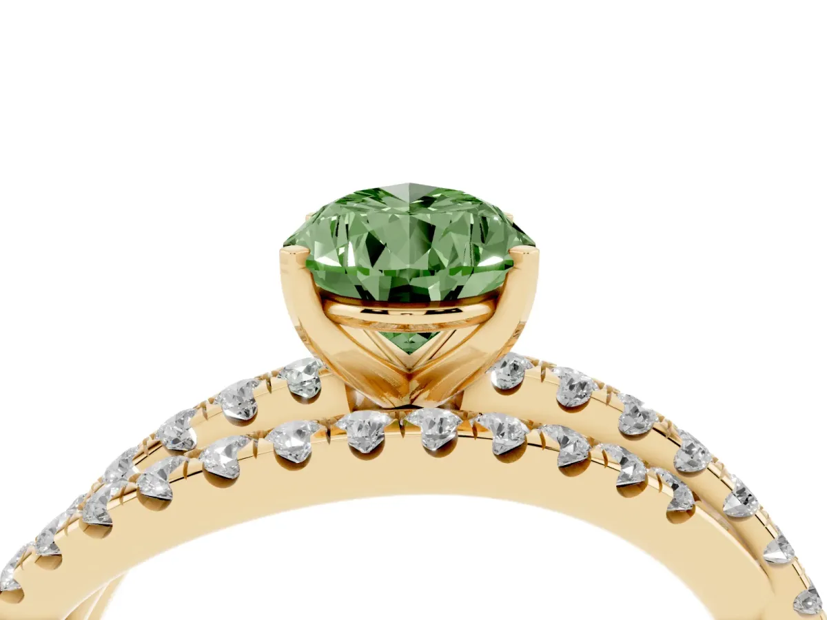 Fancy Green Pear Cut Solitaire Twist Band with Pavé Setting and Four-Prong Setting Yellow gold