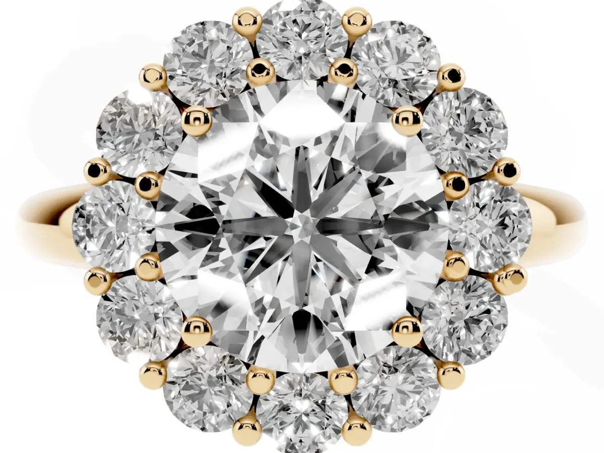 Round Cut Halo Cluster Diamond Engagement Ring with Prong Setting and Polished Band Yellow gold
