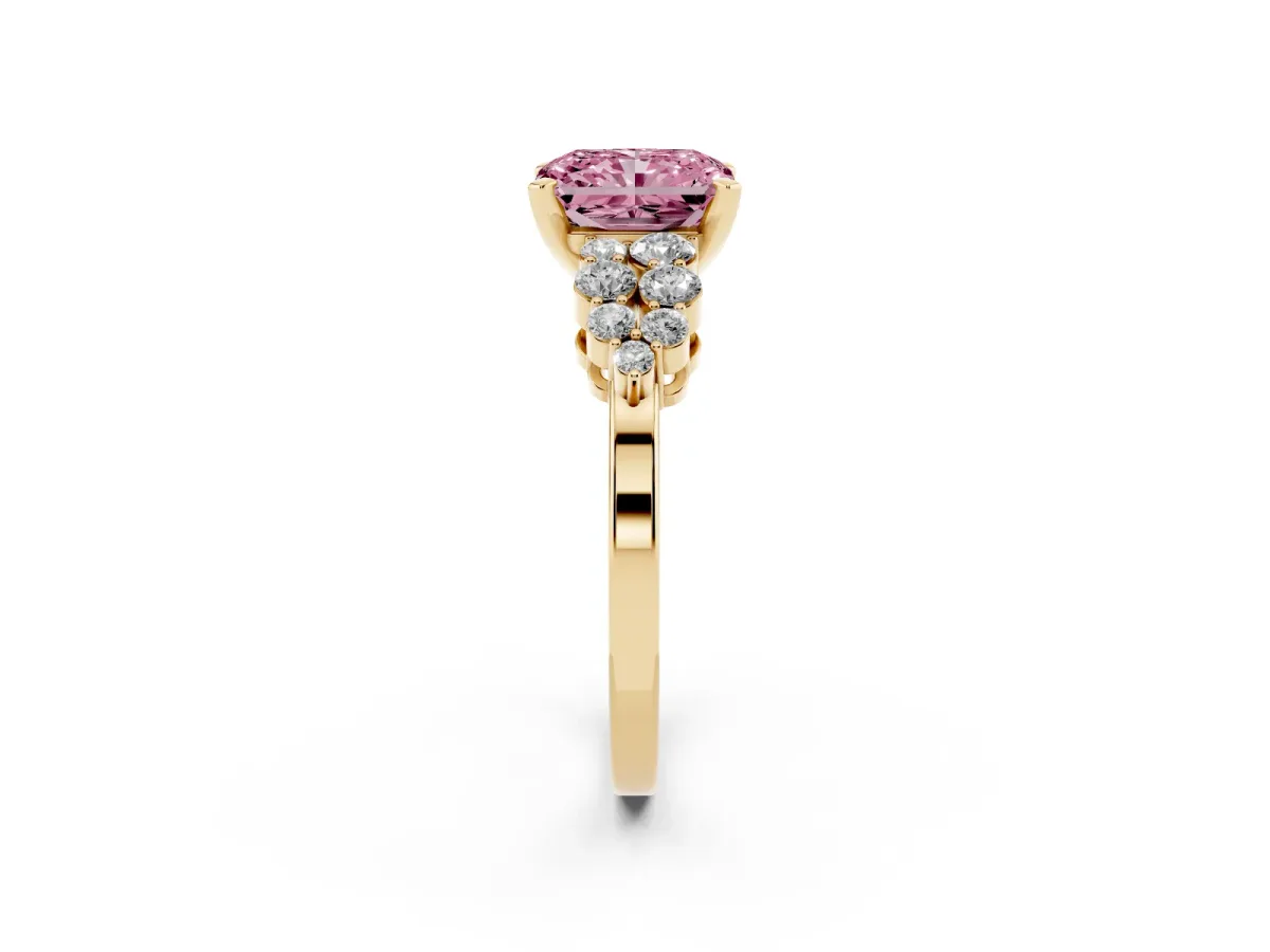 Fancy Pink Radiant Cut Cluster Diamond Engagement Ring with Pavé Band and Four-Prong Setting Yellow gold