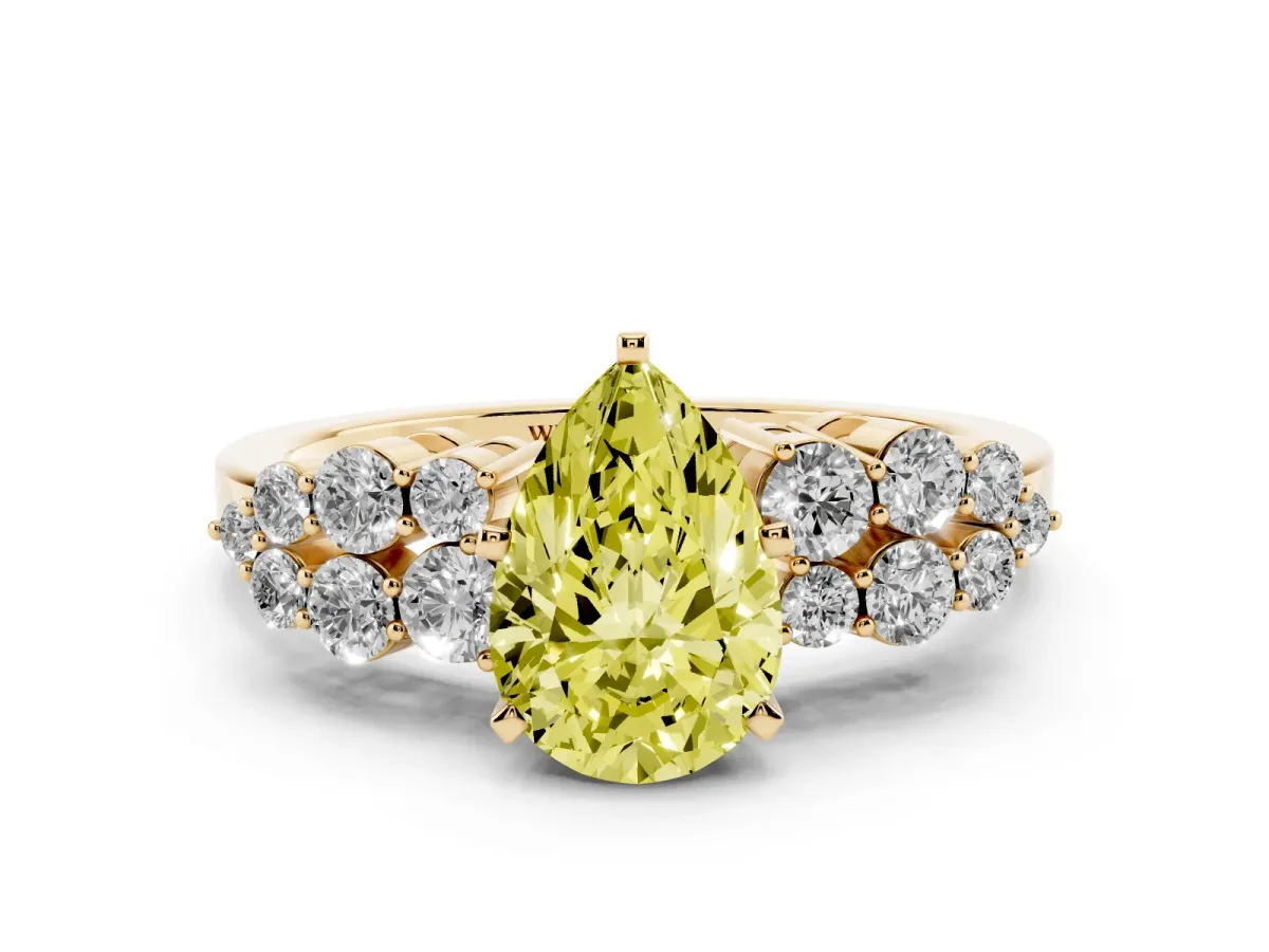 Fancy Yellow Pear Cut Cluster Diamond Engagement Ring with Pavé Band and Four-Prong Setting Yellow gold