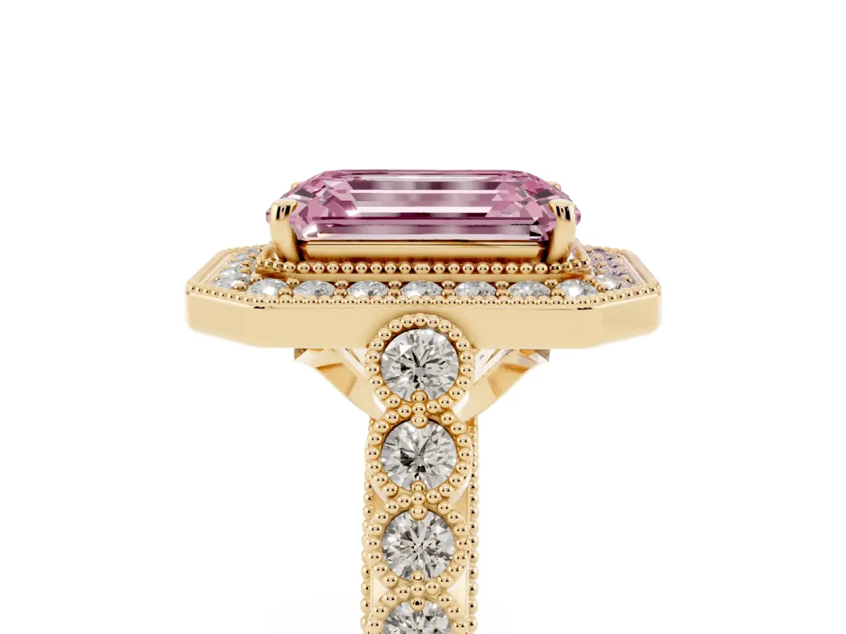 Fancy Pink Emerald Cut Halo Milgrain Solitaire with Bezel Set Side Stones and Pave Band Yellow gold