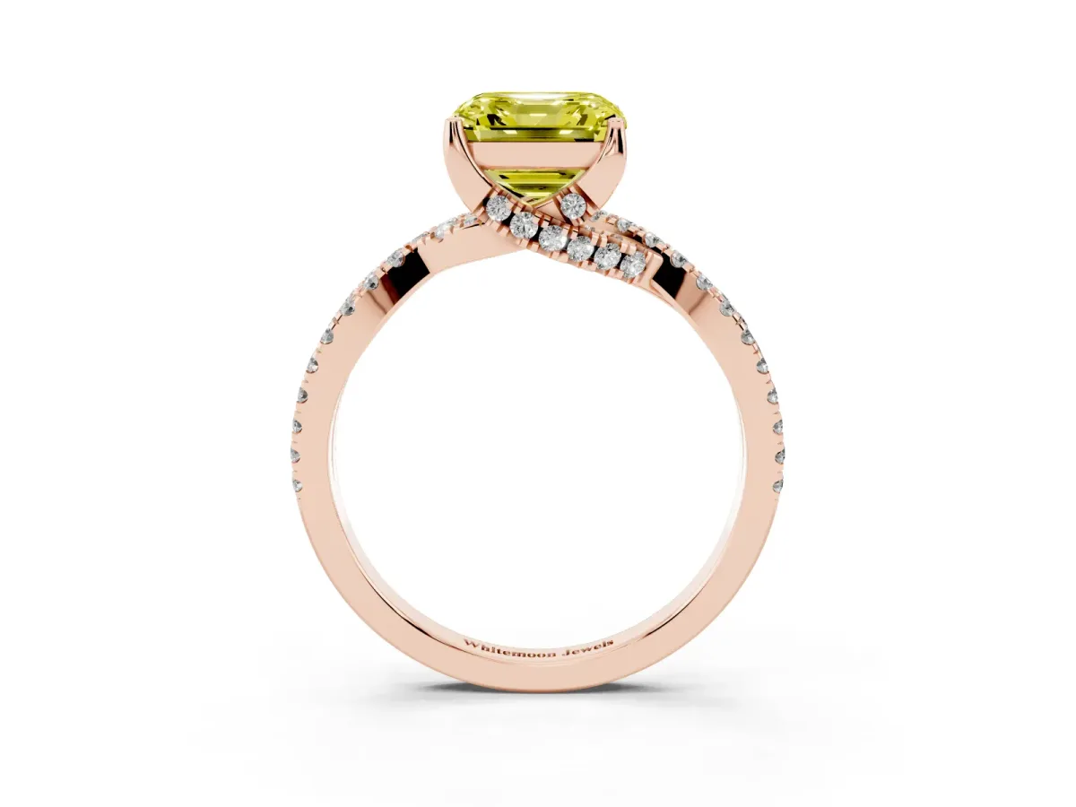 Fancy Yellow Asscher Cut Solitaire Twist Pave Diamond Engagement Ring with Prong Setting Rose gold