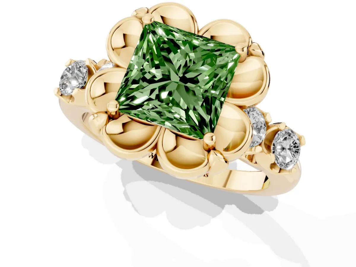Fancy Green Princess Cut Cut Diamond Floral Halo Engagement Ring with Shared Prong Setting Yellow gold