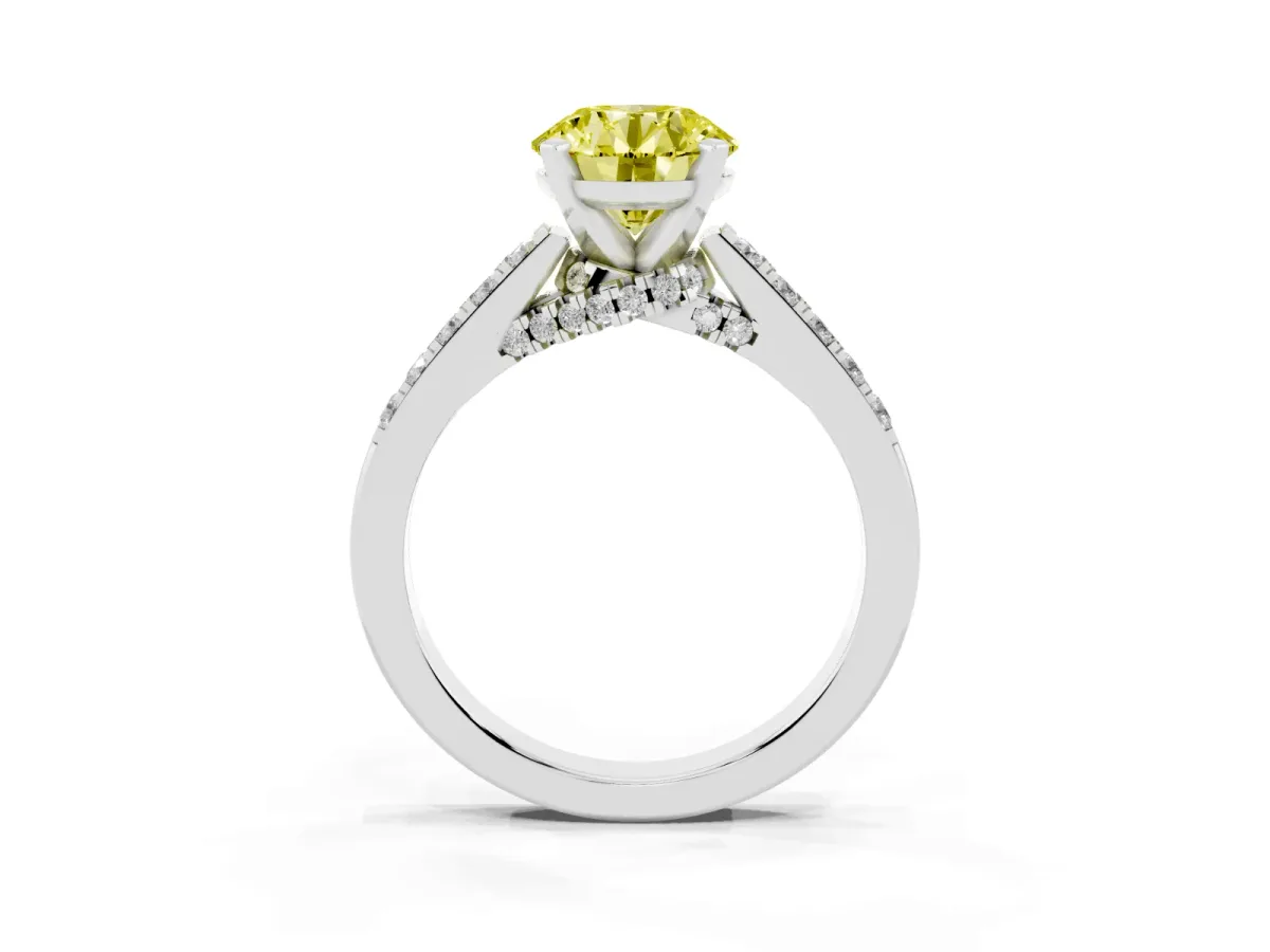Fancy Yellow Round Cut Diamond Solitaire Ring with Crossover Gallery and Round Pavé Band Silver