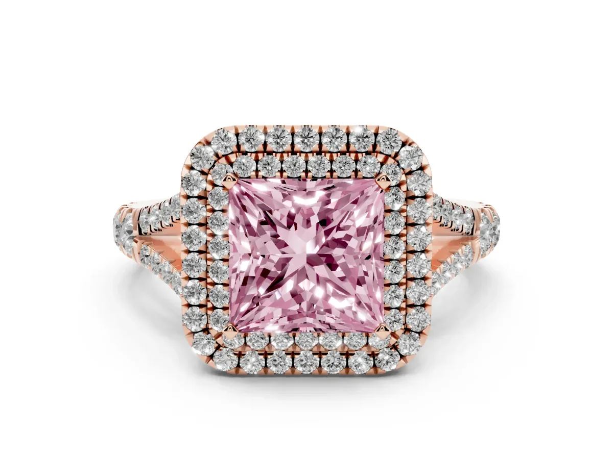 Fancy Pink Princess Cut Diamond Pavé Split Shank Double Halo Engagement Ring Rose gold