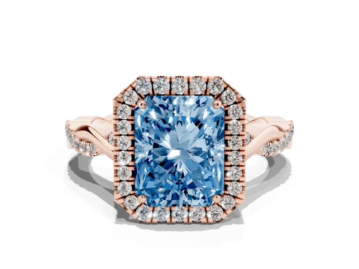 Fancy Blue Radiant Cut Halo Twist Band Solitaire Ring Rose gold