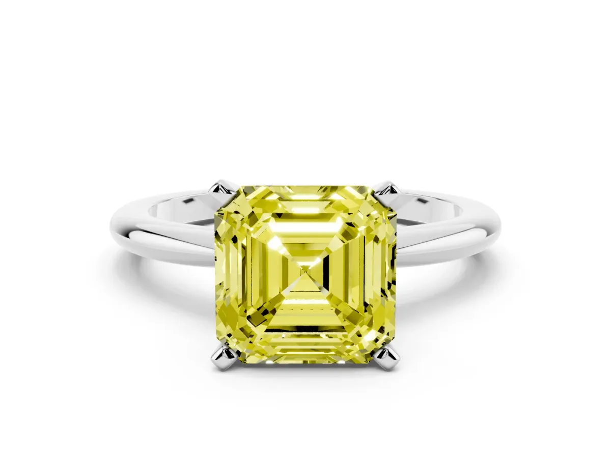 Fancy Yellow Asscher Cut Diamond Solitaire Ring with Prong Setting and Classic Band Silver