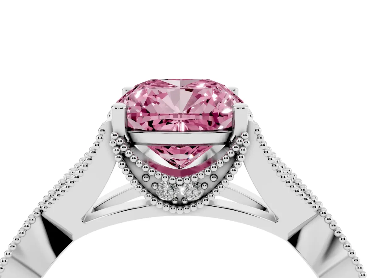 Fancy Pink Cushion Cut Cut Diamond Twisted Band with Milgrain Pave Setting and Four-Prong Setting Silver