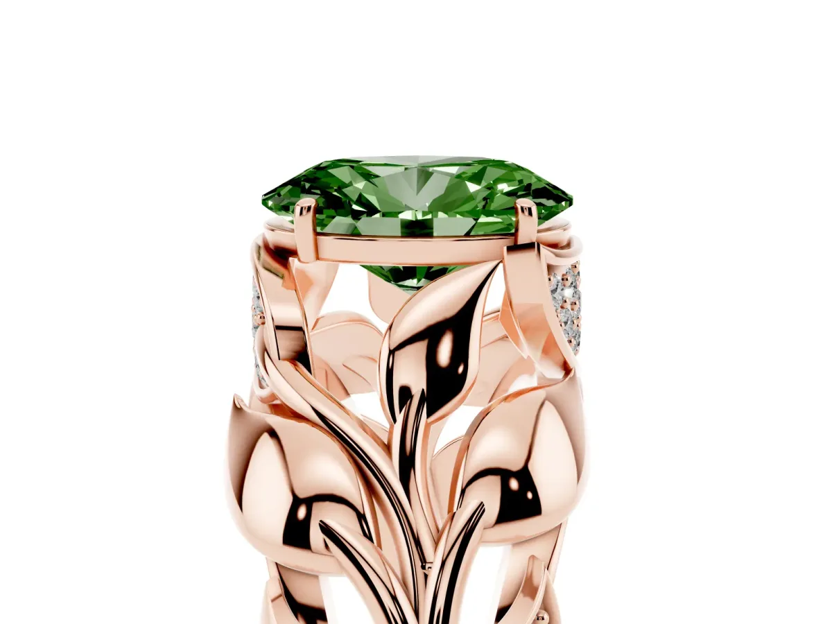 Fancy Green Oval Cut Diamond Leaf-Inspired Engagement Ring with Round Accents and Prong Setting Rose gold