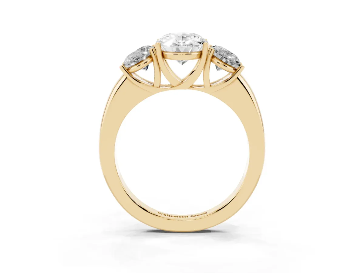 Oval Cut Diamond Three-Stone Ring with Four-Prong Setting and Classic Band Yellow gold
