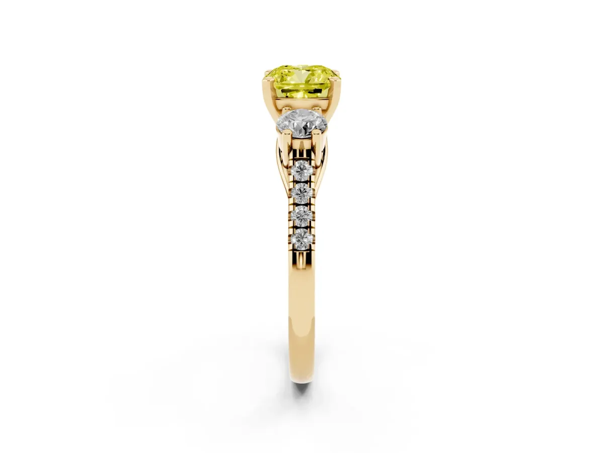 Fancy Yellow Three-Stone Cushion Cut Diamond Pavé Band with Four-Prong Setting Yellow gold