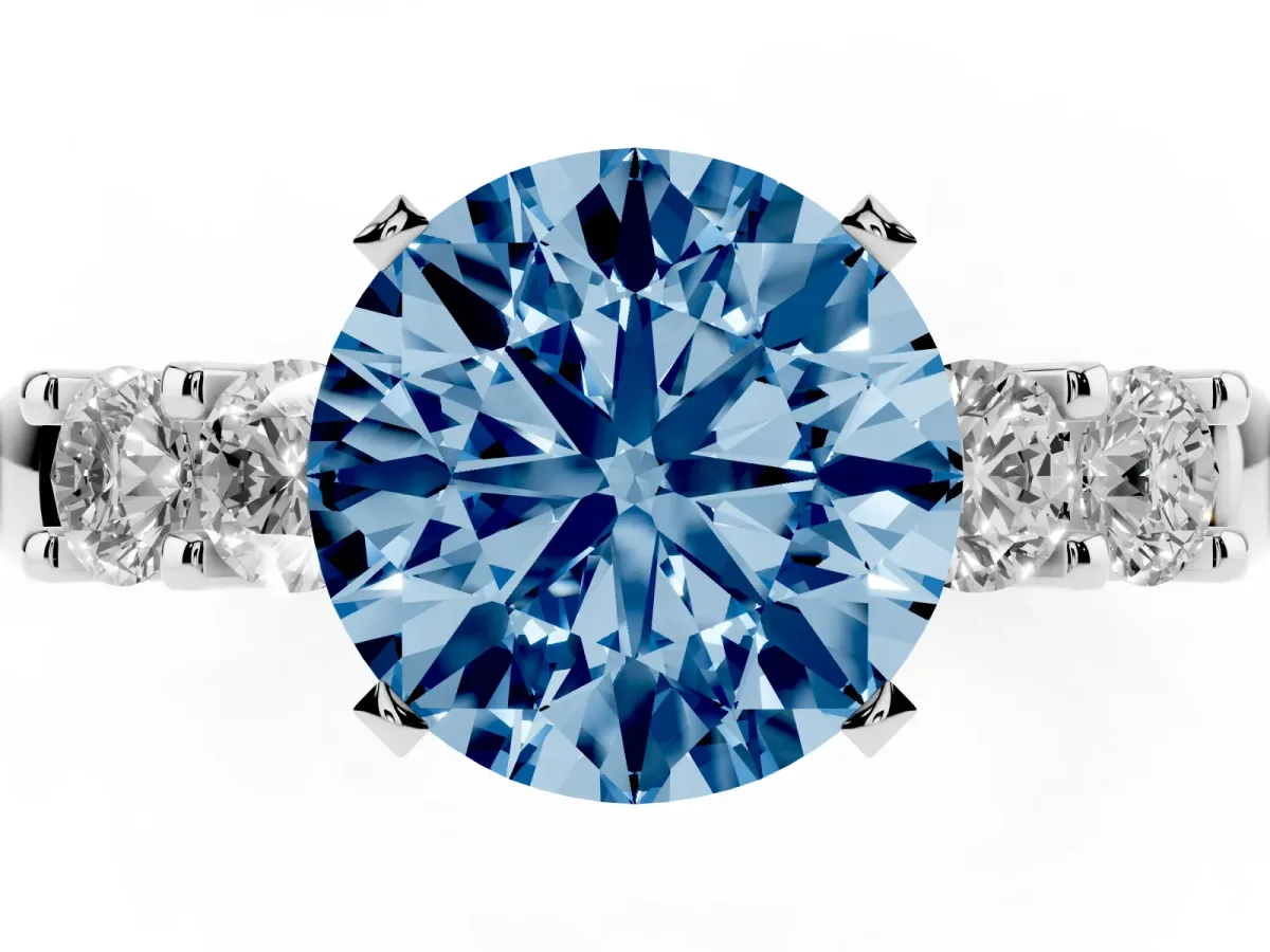 Fancy Blue Round Cut Brilliant Cut Diamond Five-Stone Prong Set Engagement Ring with Channel Band Silver