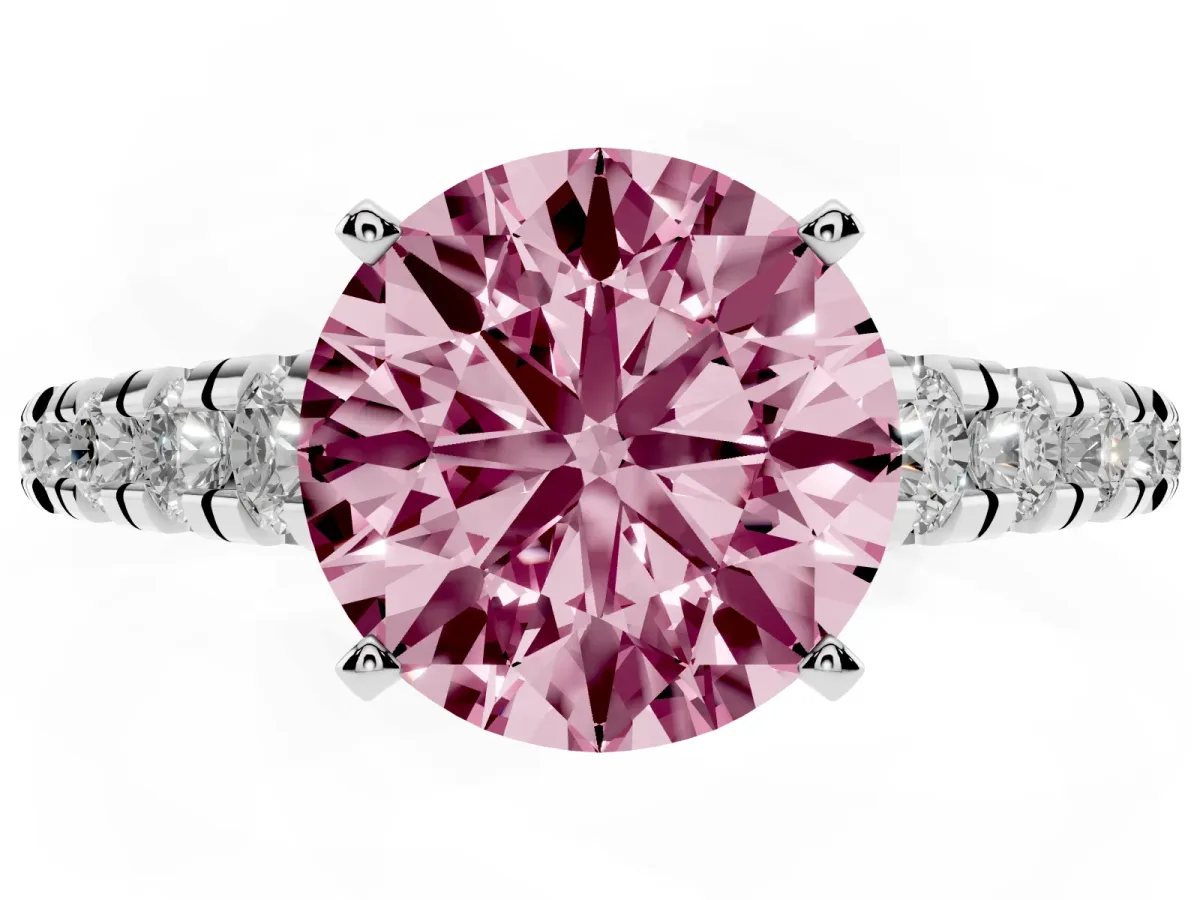 Fancy Pink Round Cut Diamond Cathedral Solitaire Ring with Round Pavé Band Silver