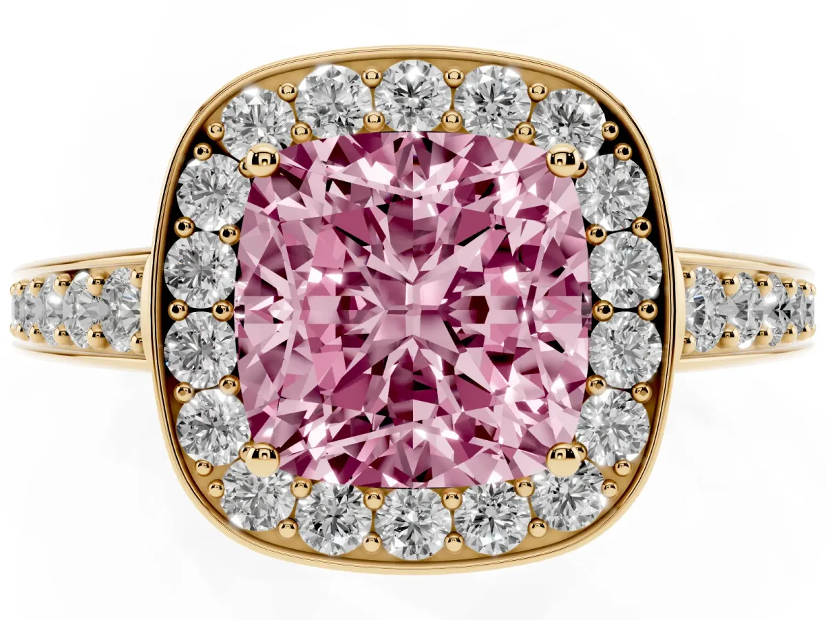 Fancy Pink Cushion Cut Halo Pavé Diamond Engagement Ring with Bezel Setting Yellow gold