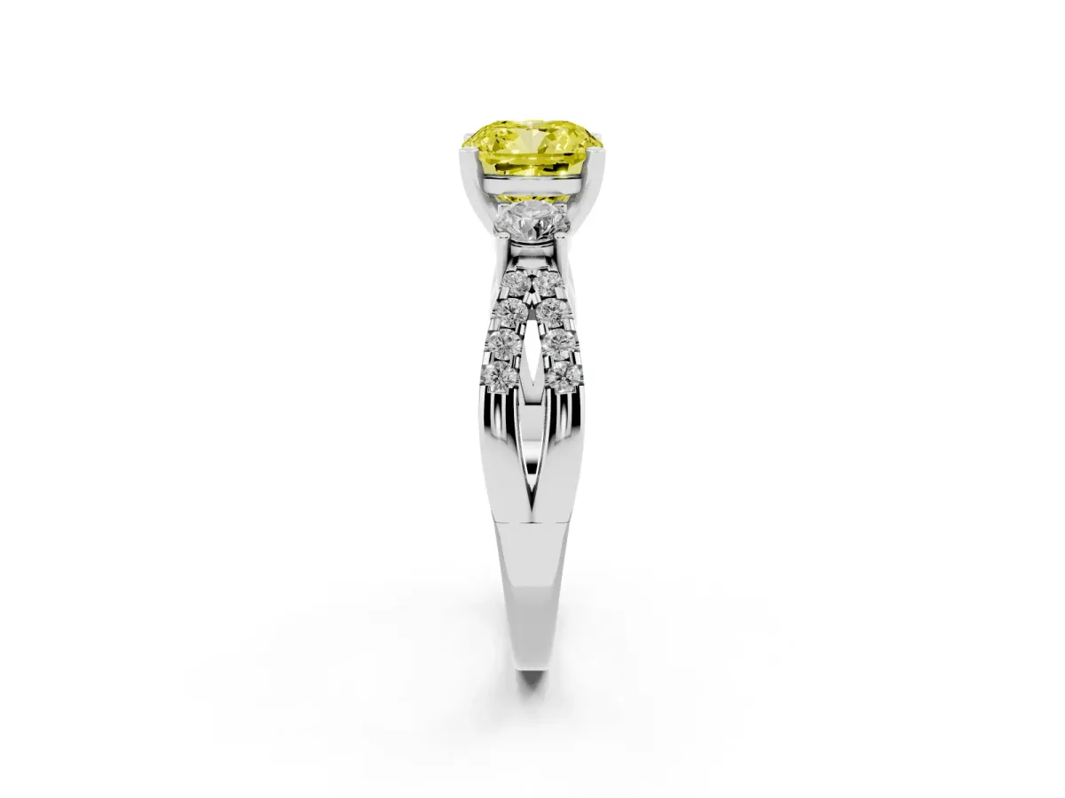 Fancy Yellow Cushion Cut Diamond Three-Stone Ring with Pavé Split Shank and Four-Prong Setting Platinum