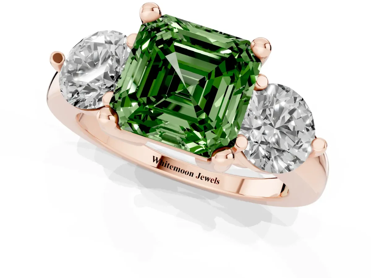 Fancy Green Three-Stone Asscher Cut Brilliant Cut Solitaire Ring with Prong Setting on a Classic Band Rose gold