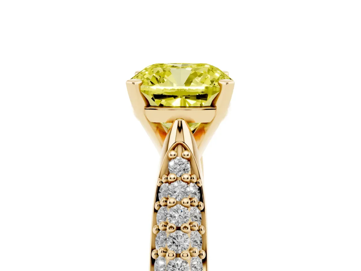 Fancy Yellow Cushion Cut Diamond Solitaire Engagement Ring with Multi-Row Round Pavé Band and Prong Setting Yellow gold