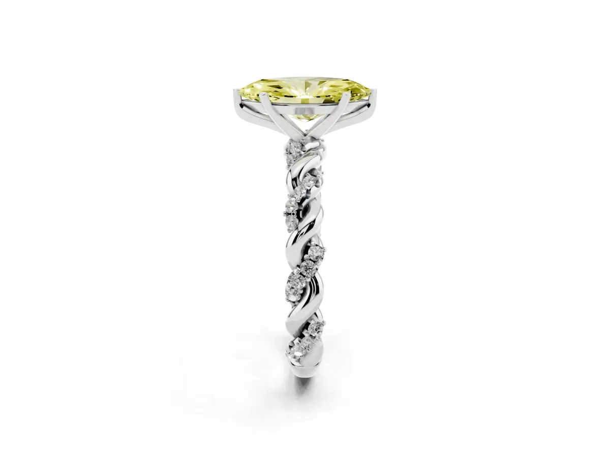 Fancy Yellow Marquise Cut Diamond Solitaire Ring with Twisted Band and Pavé Accents Platinum