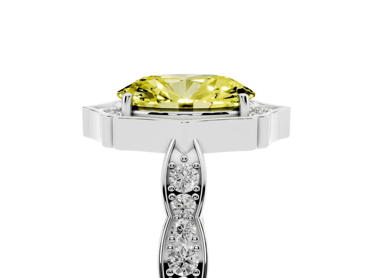 Fancy Yellow Oval Cut Halo Diamond Engagement Ring with Milgrain Band and Four-Prong Setting White gold
