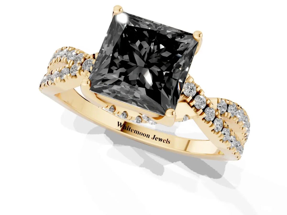 Fancy Black Princess Cut Solitaire Twist Pave Diamond Engagement Ring with Prong Setting Yellow gold
