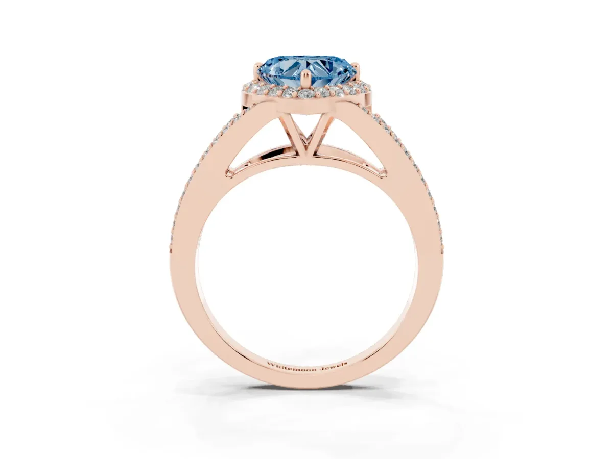 Fancy Blue Heart Cut Halo Split Shank Diamond Ring with Prong Setting Rose gold