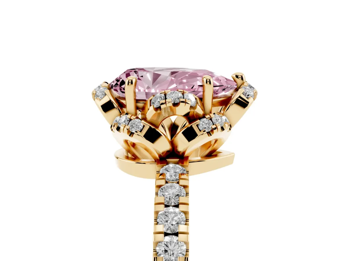 Fancy Pink Pear Cut Halo Diamond Pave Band Ring with Four-Prong Setting Yellow gold