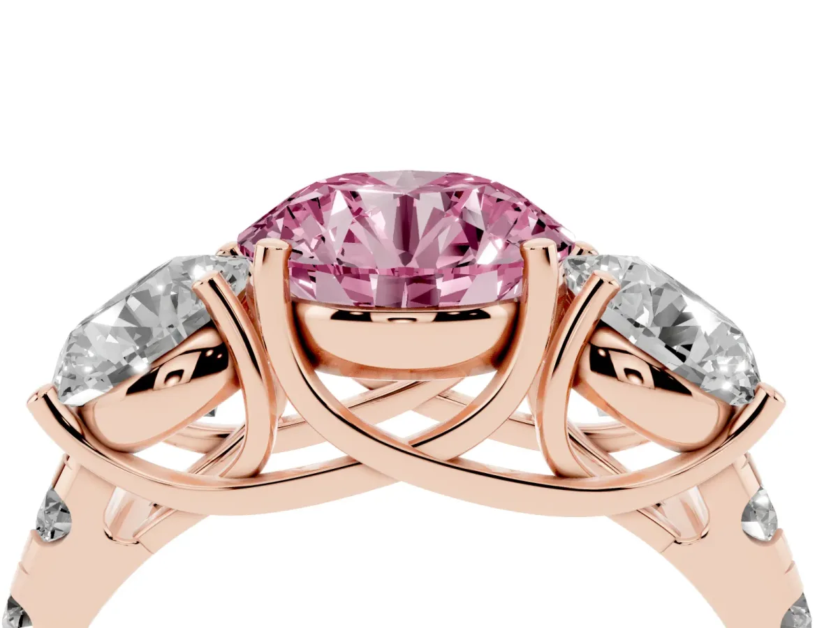 Fancy Pink Three-Stone Round Cut Diamond Pavé Band with Prong Setting Rose gold