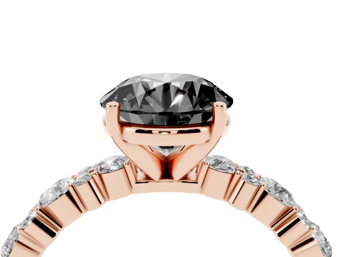 Fancy Black Round Cut Diamond Side Stone Solitaire Ring with Round and Four-Prong Setting Rose gold