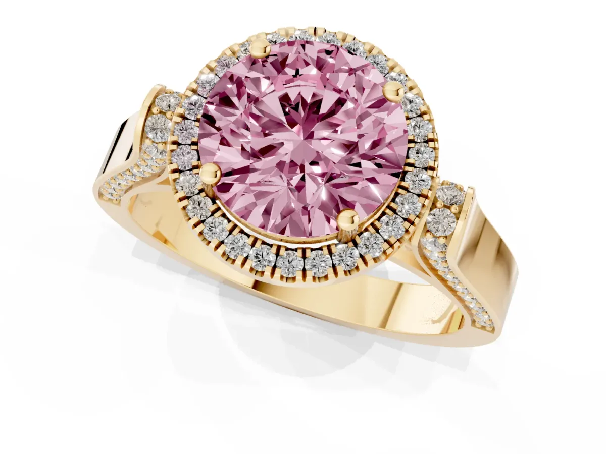 Fancy Pink Round Cut Halo Pave Split Shank Prong Setting Ring Yellow gold