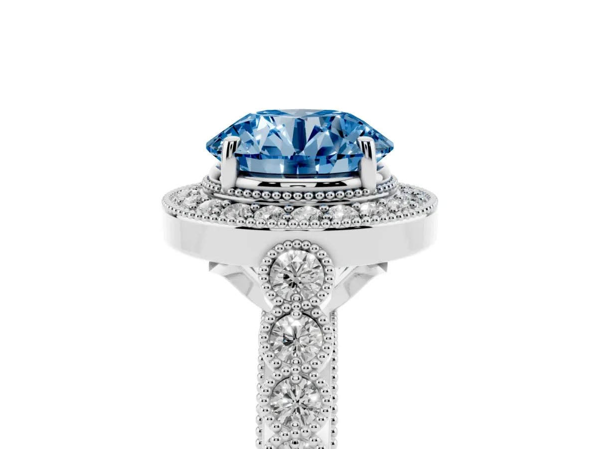 Fancy Blue Round Cut Halo Milgrain Solitaire with Bezel Set Side Stones and Pave Band Silver