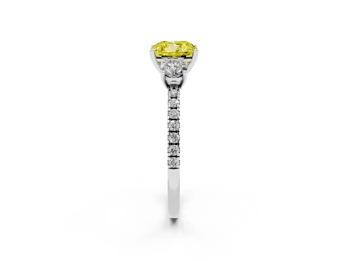 Fancy Yellow Three-Stone Cushion Cut Cut Diamond Pavé Band with Prong Setting Silver