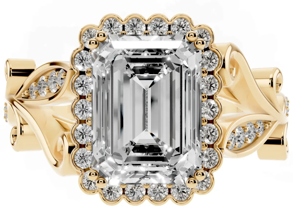 Emerald Cut Diamond Halo Ring with Vintage Split Shank and Four-Prong Setting Yellow gold