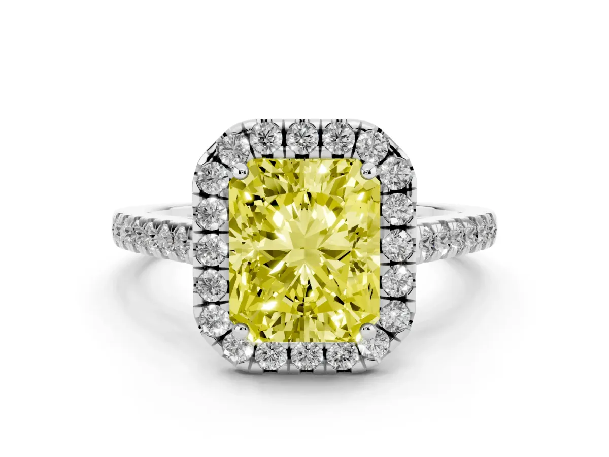 Fancy Yellow Radiant Cut Halo Pavé Diamond Engagement Ring with Four-Prong Setting Silver