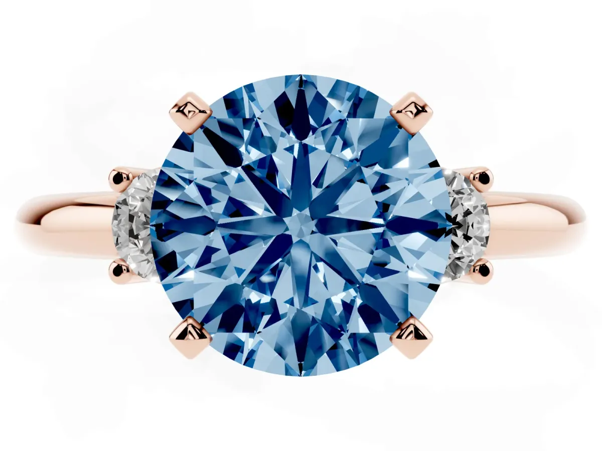 Fancy Blue Three-Stone Round Cut Cut Diamond Solitaire with Prong Setting and Classic Band Rose gold