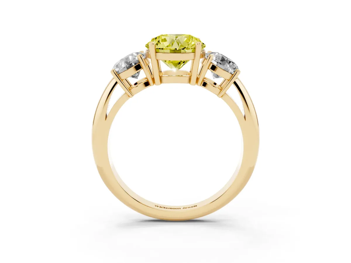 Fancy Yellow Three-Stone Round Cut Cut Diamond Engagement Ring with Prong Setting on a White Gold Band Yellow gold
